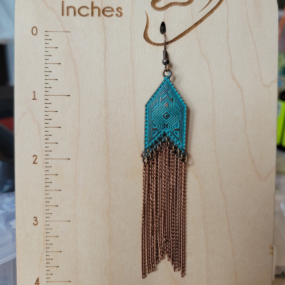 🔥LAST PAIR🔥 Bohemian Verdigris Chain Tassel Drop Dangle Earrings - Picture 3 of 6